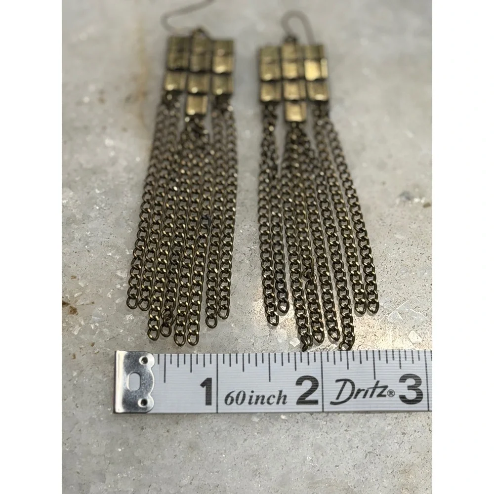 Brass Tone Chain Fringe Tassel Earrings Grunge Art Deco Long Boho Punk Y2K Edgy